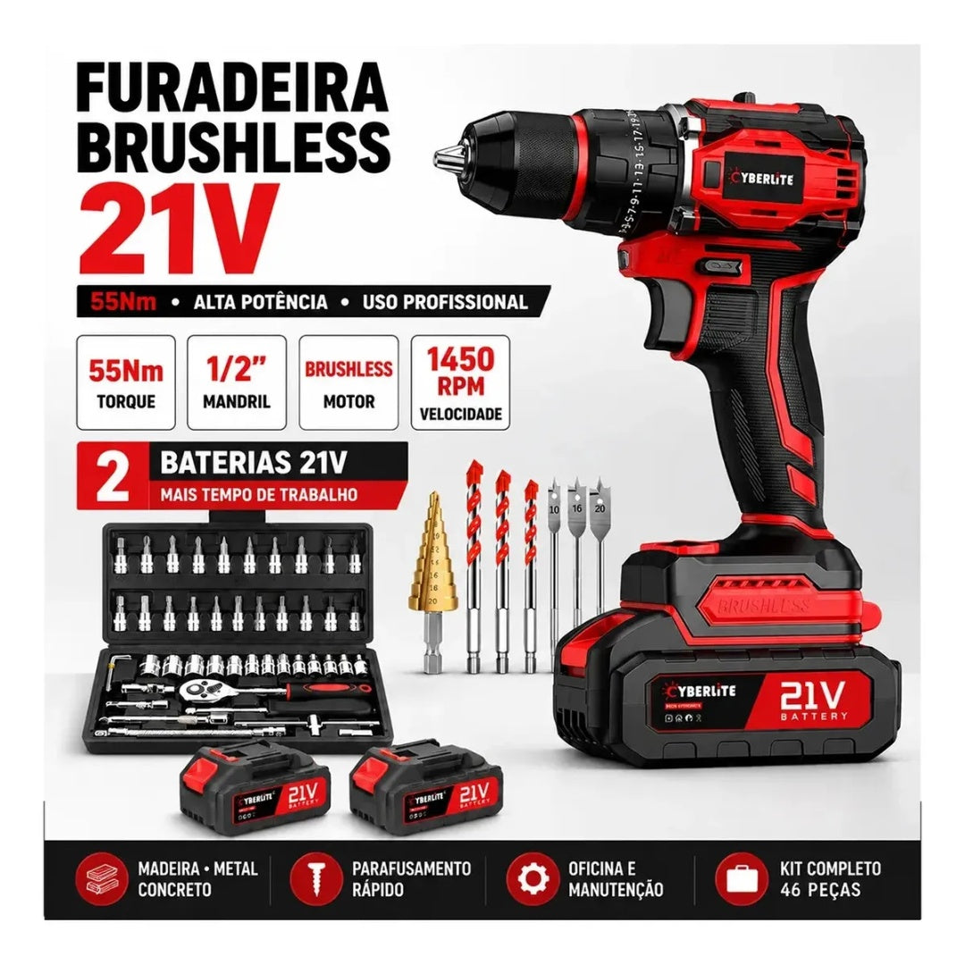 Furadeira de Impacto Brushless 21V com 2 Baterias e Kit 46 Peças