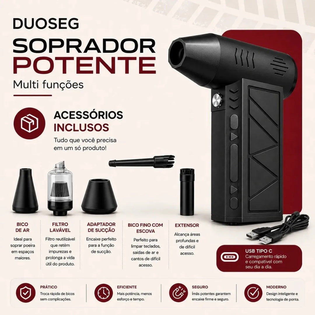 Soprador de Ar Mini Turbo Portátil USB Sem Fio Recarregável para Limpeza e Inflar DUOSEG