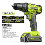 Furadeira de Impacto ZPER 21V 17000 BPM 2 Baterias Li-ion Verde