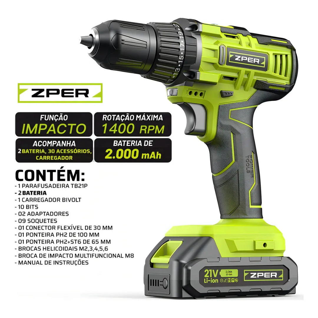 Furadeira de Impacto ZPER 21V 17000 BPM 2 Baterias Li-ion Verde