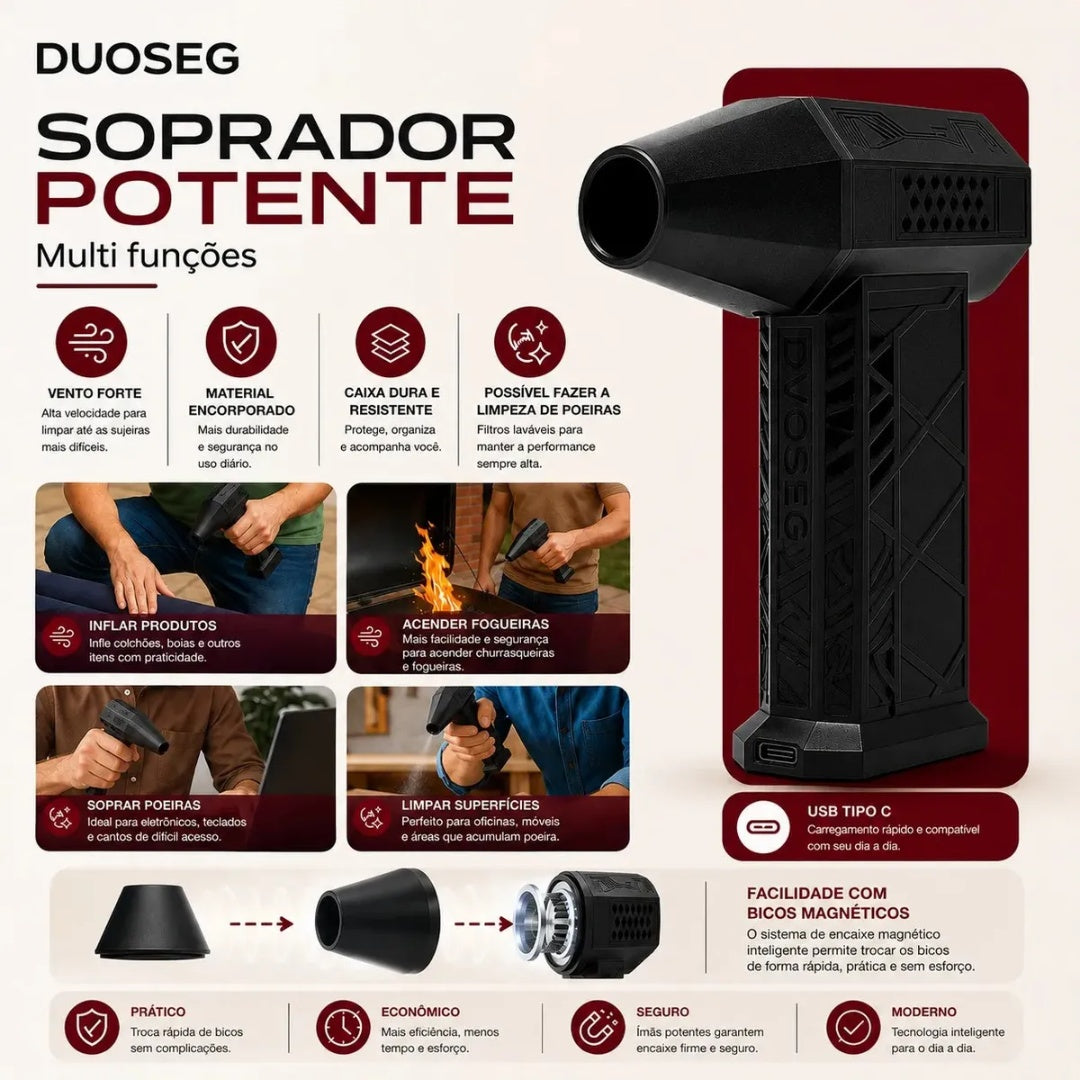 Soprador de Ar Mini Turbo Portátil USB Sem Fio Recarregável para Limpeza e Inflar DUOSEG