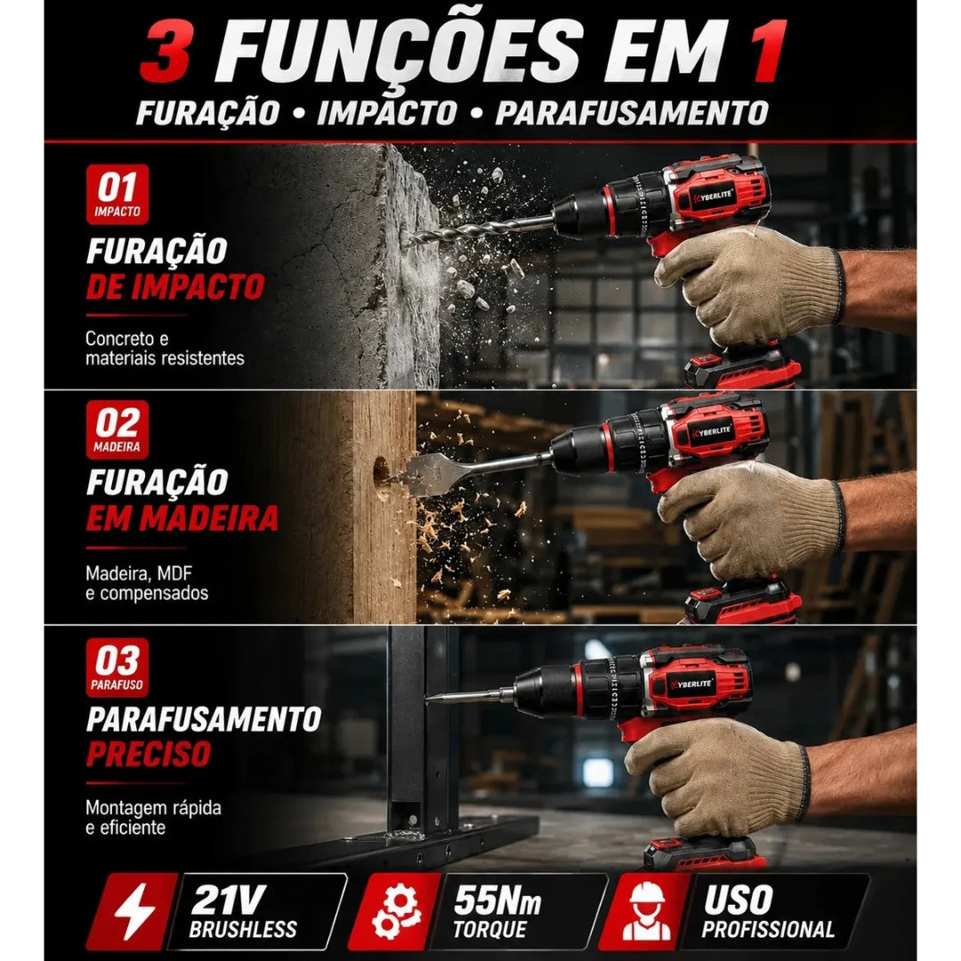 Furadeira de Impacto Brushless 21V com 2 Baterias e Kit 46 Peças
