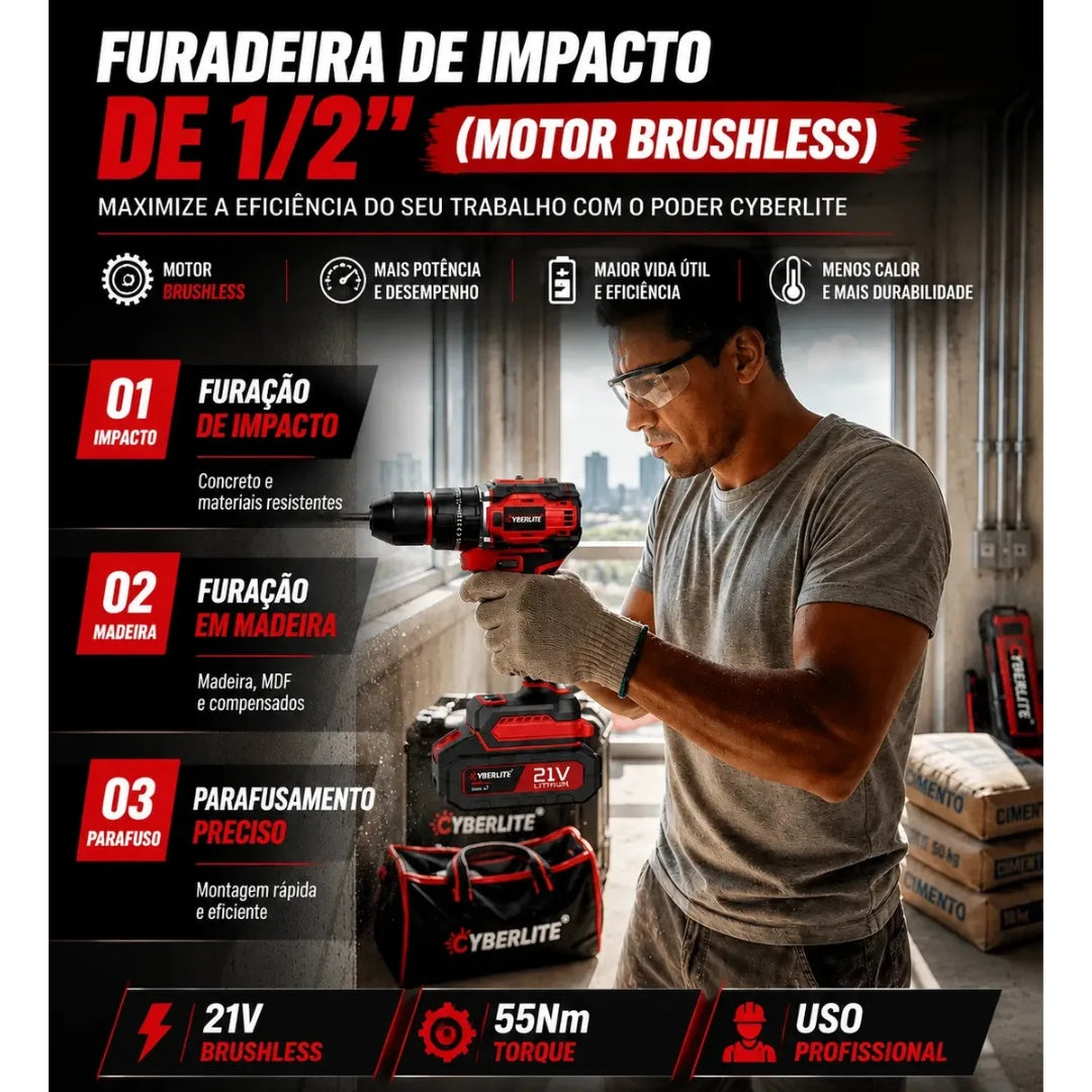 Furadeira de Impacto Brushless 21V com 2 Baterias e Kit 46 Peças