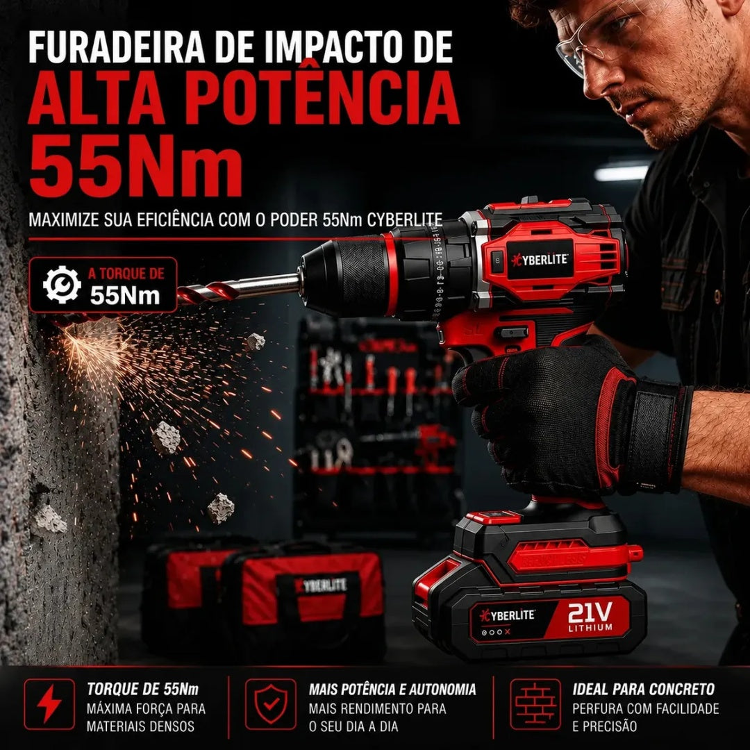 Furadeira de Impacto Brushless 21V com 2 Baterias e Kit 46 Peças