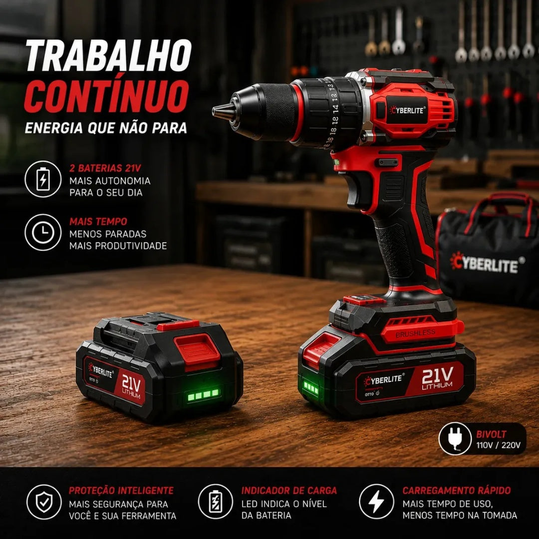 Furadeira de Impacto Brushless 21V com 2 Baterias e Kit 46 Peças