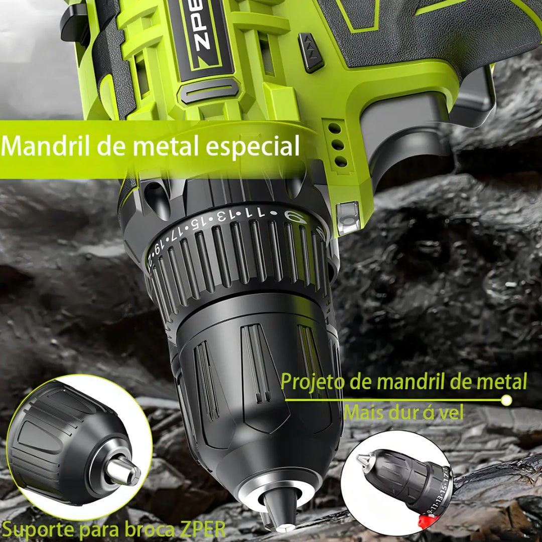 Furadeira de Impacto ZPER 21V 17000 BPM 2 Baterias Li-ion Verde