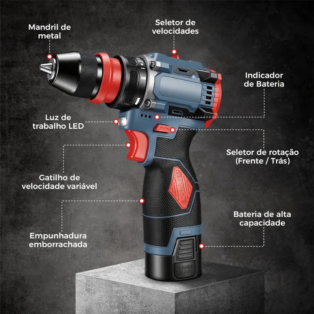 Furadeira E Parafusadeira Brushles Portátil Sem Fio 2 bateria 2 em 1 – Furadeira/Parafusadeira sem escovas com 25 acessórios padrão