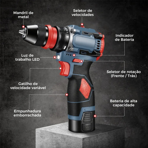 Furadeira E Parafusadeira Brushles Portátil Sem Fio 2 bateria 2 em 1 – Furadeira/Parafusadeira sem escovas com 25 acessórios padrão