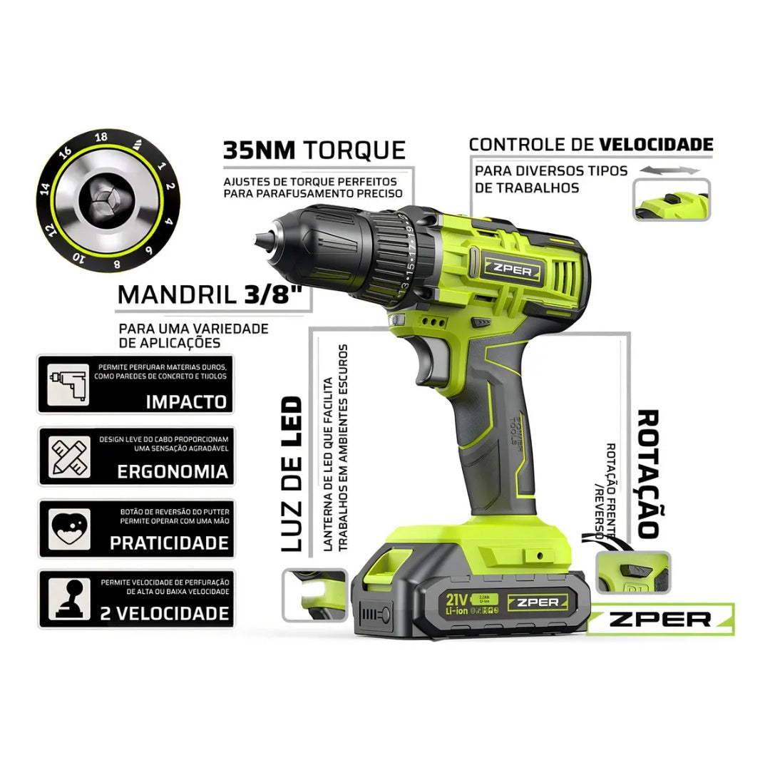 Furadeira de Impacto ZPER 21V 17000 BPM 2 Baterias Li-ion Verde